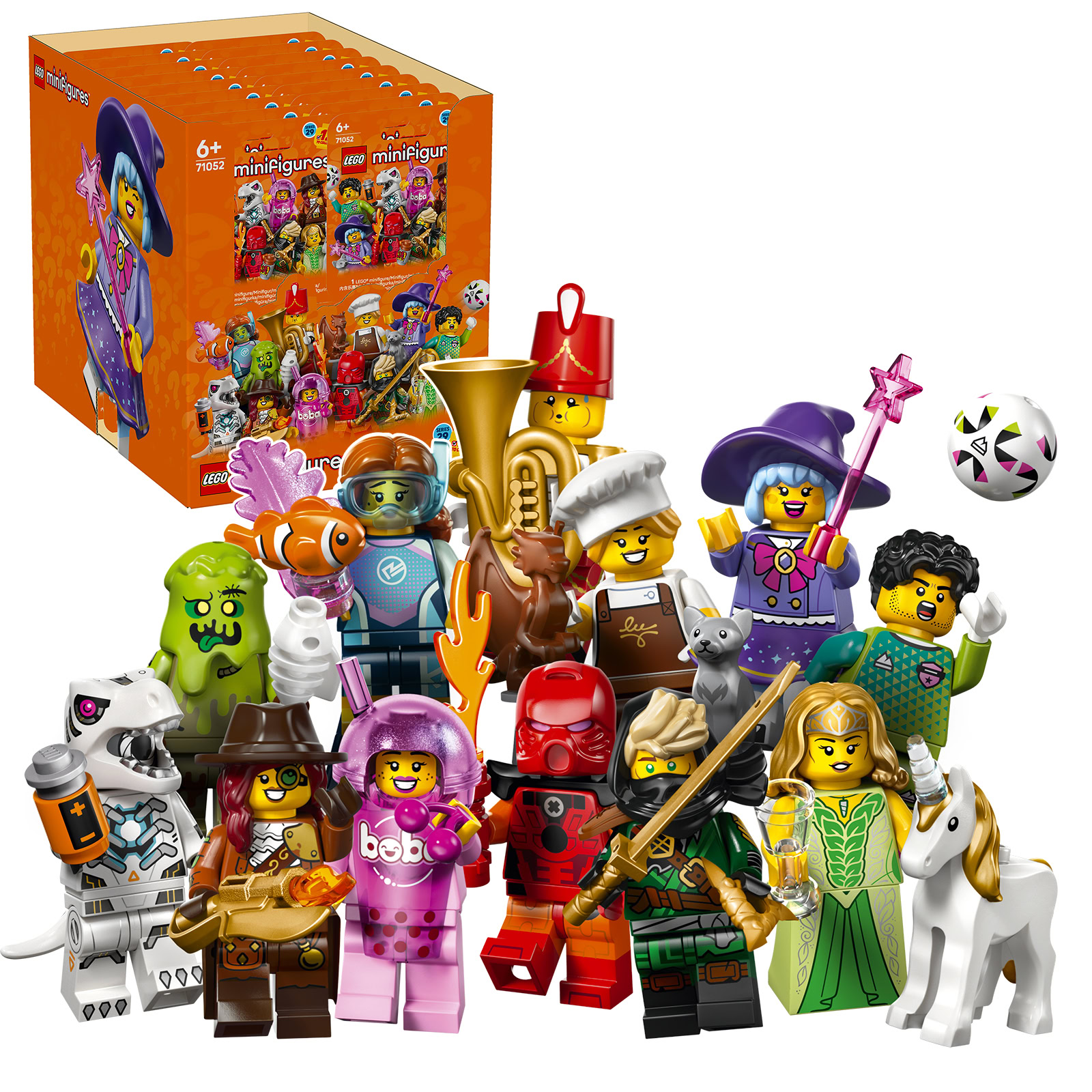 Wszystkie 12 minifigurek LEGO Seria 29 71052 — Bramkarz, Biolog Morski, Tubista, Elf Jednorożec, Łowca Potworów, Robot T. rex, Czekoladnik, Fan Bubble Tea, Cosplayer Bionicle, Tajemniczy Ronin, Słodka Wiedźma, Potwór ze Śmieci